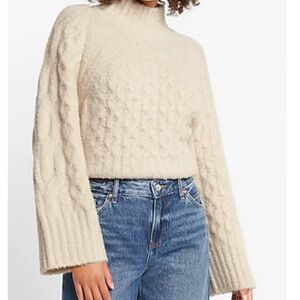 Express Cream Cowl Neck Sweater with Cable Knit